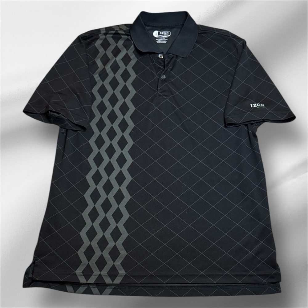 Izod Men's Polo in Black with Gray Diamond Pattern sz L